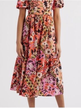Vince Camuto Coral and Pink Floral Patchwork Midi Dress